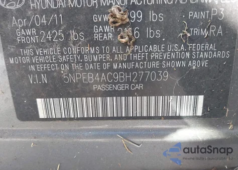 2011 Hyundai Sonata Gls из США, поврежденный, VIN 5NPEB4AC9BH277039